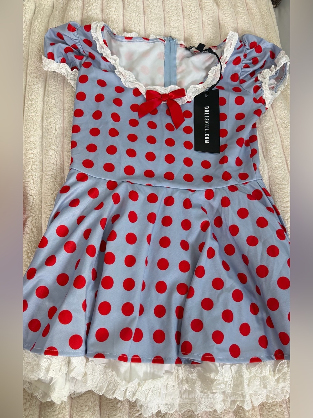 4-Piece Red & Blue Polka Dot Doll Costume Set with Wig